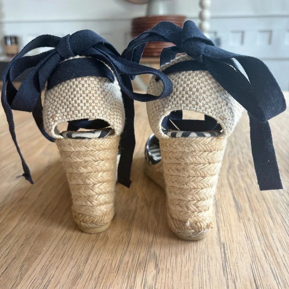 $248 TORY BURCH Ines Wedge Espadrille Navy Geometric Sandal Ankle Tie EU35;US5